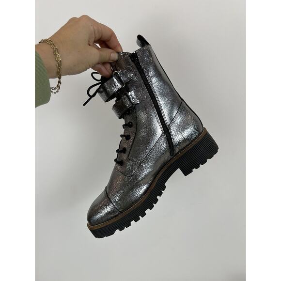 Shellys London Bootie 39 Silver Metallic Distressed Leather‎ Combat Boots Womens - Picture 4 of 11